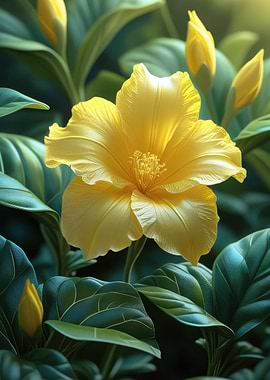 Yellow Hibiscus Flower with Green Leaves