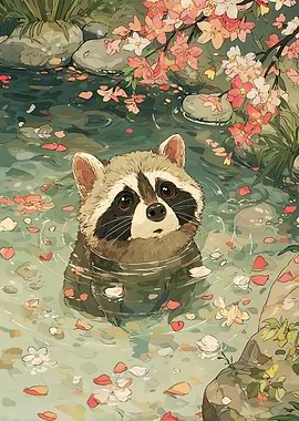 Raccoon in Pond with Cherry Blossoms