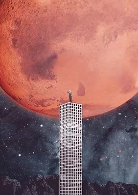 Man on Skyscraper with Mars Backdrop