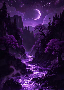 Purple Night River Landscape