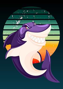 Cartoon Shark with Retro Background