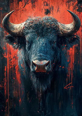 Dramatic Buffalo Portrait with Red Accents