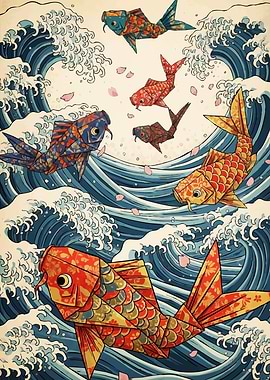 Origami Koi Fish Ocean Waves