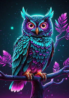 Neon Owl Perched on Branch