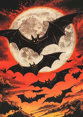 Bats Flying in Front of Moon