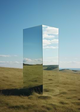 Mirror Monolith in Grassy Landscape
