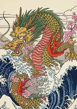 Japanese Dragon Waves Cherry Blossoms