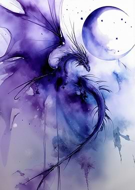 Watercolor Dragon with Moon and Stars