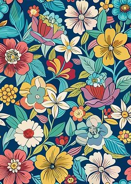 Colorful Floral Pattern on Dark Blue