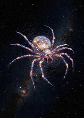 Cosmic Spider in Web Against Starry Sky