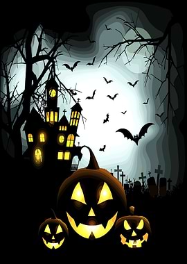 Halloween Night Scene with Pumpkins