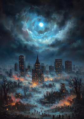 Apocalyptic Cityscape Under a Swirling Sky