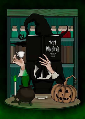 Whimsical Witchcraft Illustration with Book Character