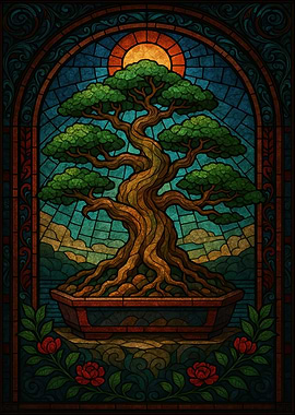 Stained Glass Bonsai Tree Illustration