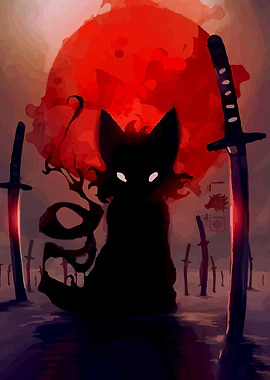 Silhouette Cat Samurai with Red Moon