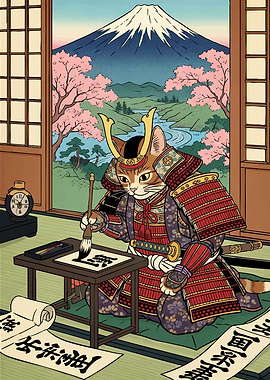 Samurai Cat Calligraphy Mount Fuji