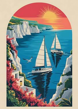 Sailboats at Sea with Coastal View