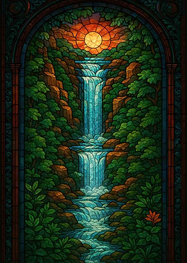 Stained Glass Waterfall Landscape