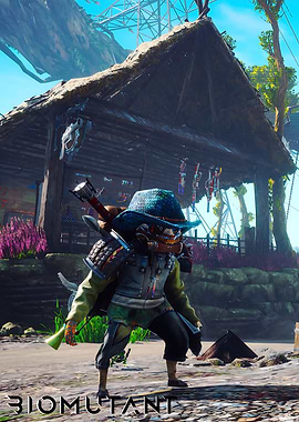 Biomutant character in front of hut