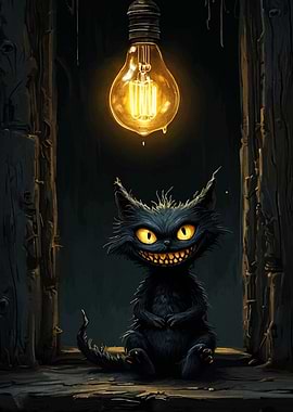 Grinning Cat Under Lightbulb