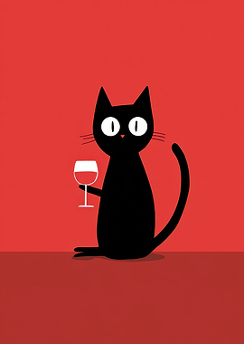 Black Cat with Wine Glass