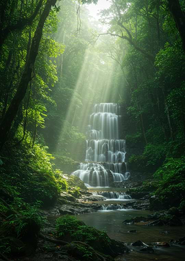 Serene Waterfall in Lush Forest