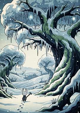Hollow Knight in Snowy Landscape