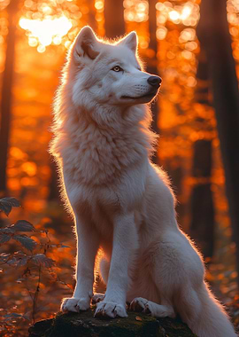 White Wolf in Autumn Forest