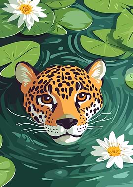Jaguar in Water Lily Pond Illustration