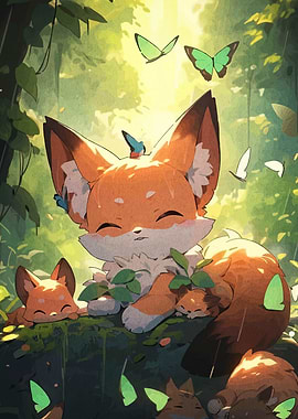 Cute Foxes in Forest with Butterflies