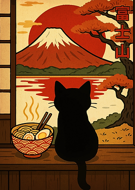 Cat, Ramen, and Mount Fuji View