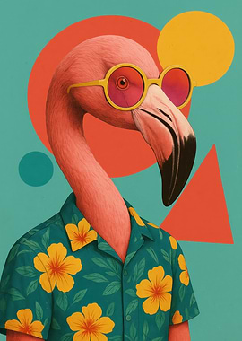 Flamingo with Sunglasses and Hawaiian Shirt
