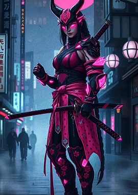 Cyberpunk Oni Warrior in Neon Cityscape