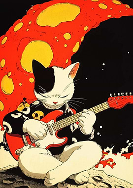 Cat playing guitar on the moon