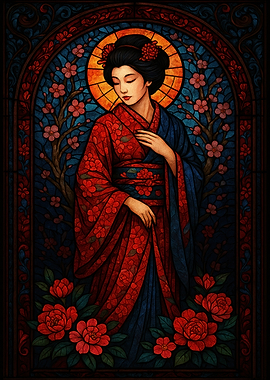 Stained Glass Geisha with Floral Accents