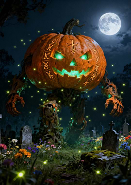 Halloween Pumpkin Monster in Graveyard