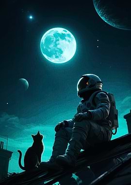 Astronaut and Cat on Rooftop