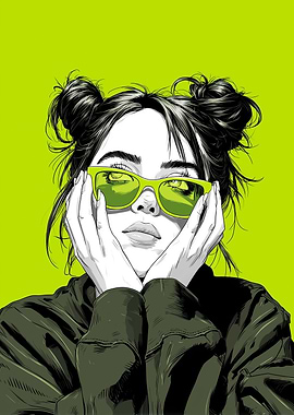 Billie Eilish Portrait with Green Sunglasses