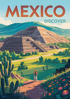 Mexico Travel Poster: Teotihuacan Pyramid