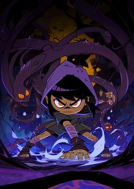 Cartoon Girl with Monsters in Dark Setting