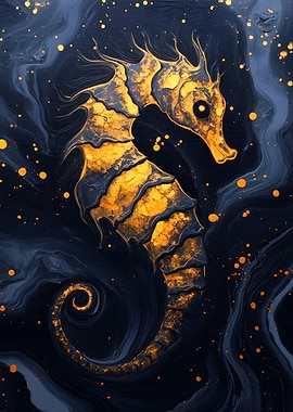 Golden Seahorse on Dark Blue Background