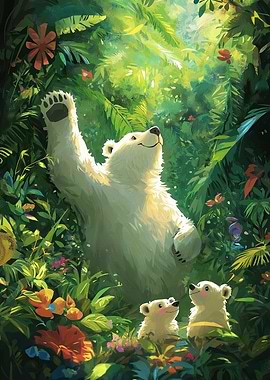 Polar Bear Family in Lush Jungle