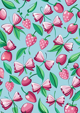 Strawberry and Bow Pattern on Blue