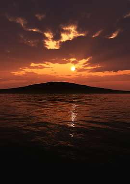 Sunset over water with island silhouette