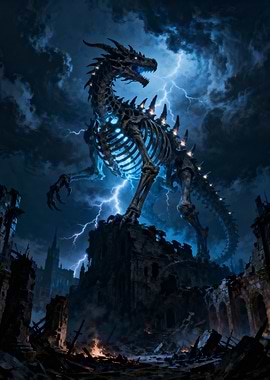 Skeletal Dragon in Stormy Ruins