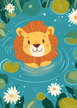 Cartoon Lion Swimming in a Pond