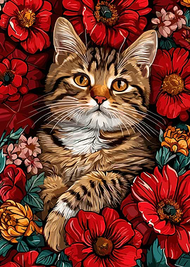 Cat Portrait Surrounded by Red Flowers