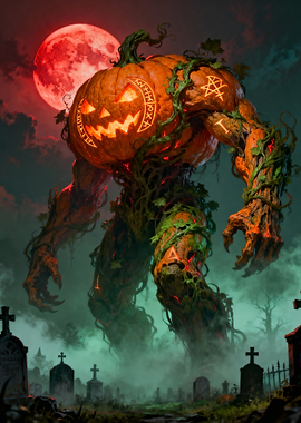 Pumpkin Monster in Cemetery with Red Moon