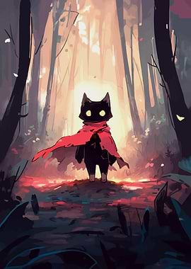 Cat with Red Scarf in Forest