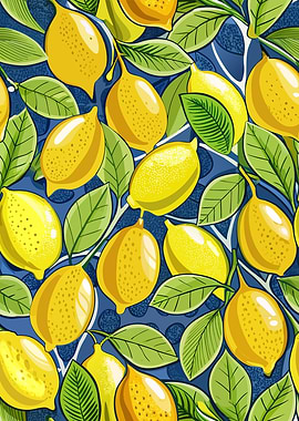 Lemon and Leaf Pattern on Blue